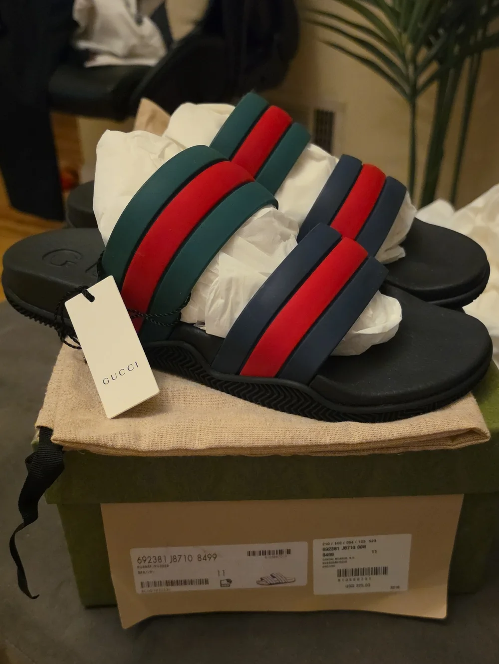 Gucci Men’s Green, Red & Navy Rubber Slide Sandals